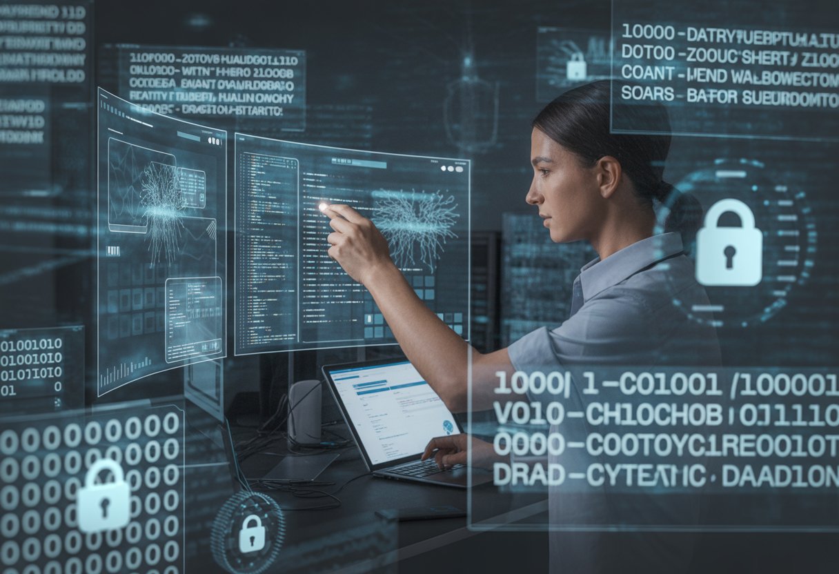 A cybersecurity expert analysing holographic screens with digital codes and security alerts in a high-tech control room.