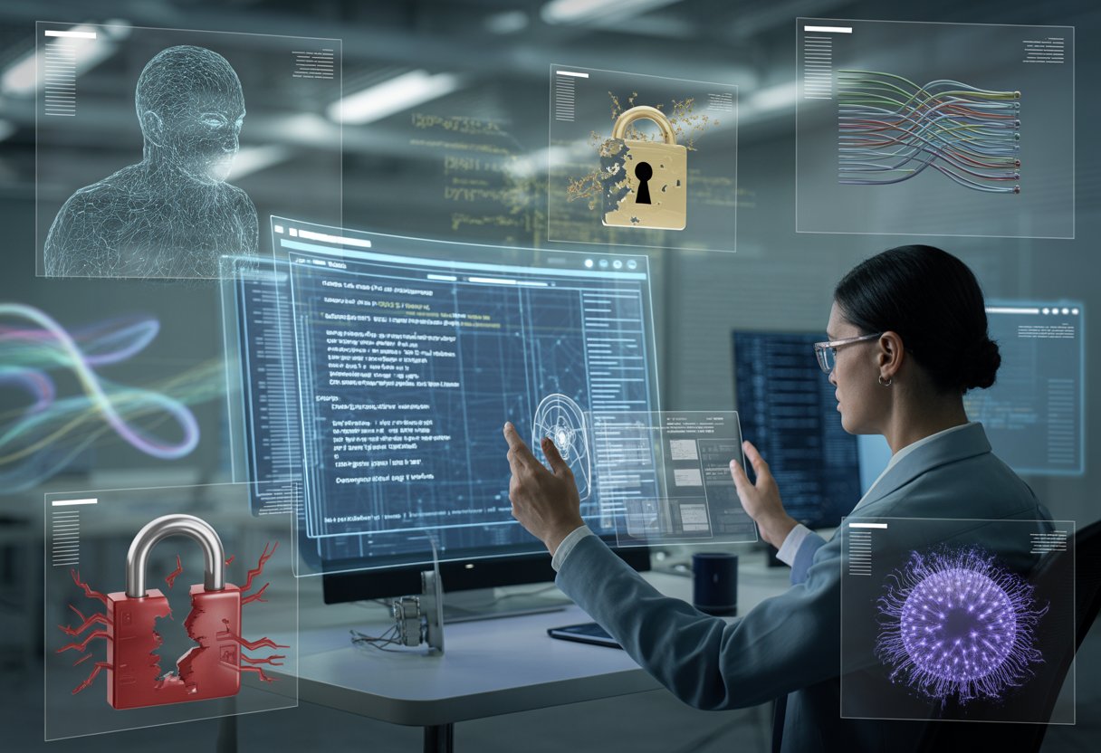 A cybersecurity expert analysing holographic screens showing code and network diagrams, with visual symbols of cyber threats like a shadowy figure and a breaking digital lock in a high-tech control room.