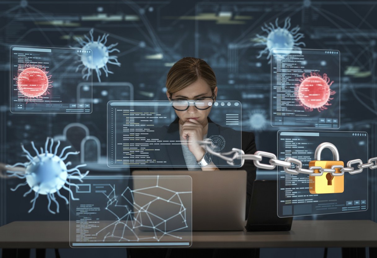 A cybersecurity expert analysing digital screens with network diagrams and symbols representing hidden viruses and locked data, inside a high-tech control room.