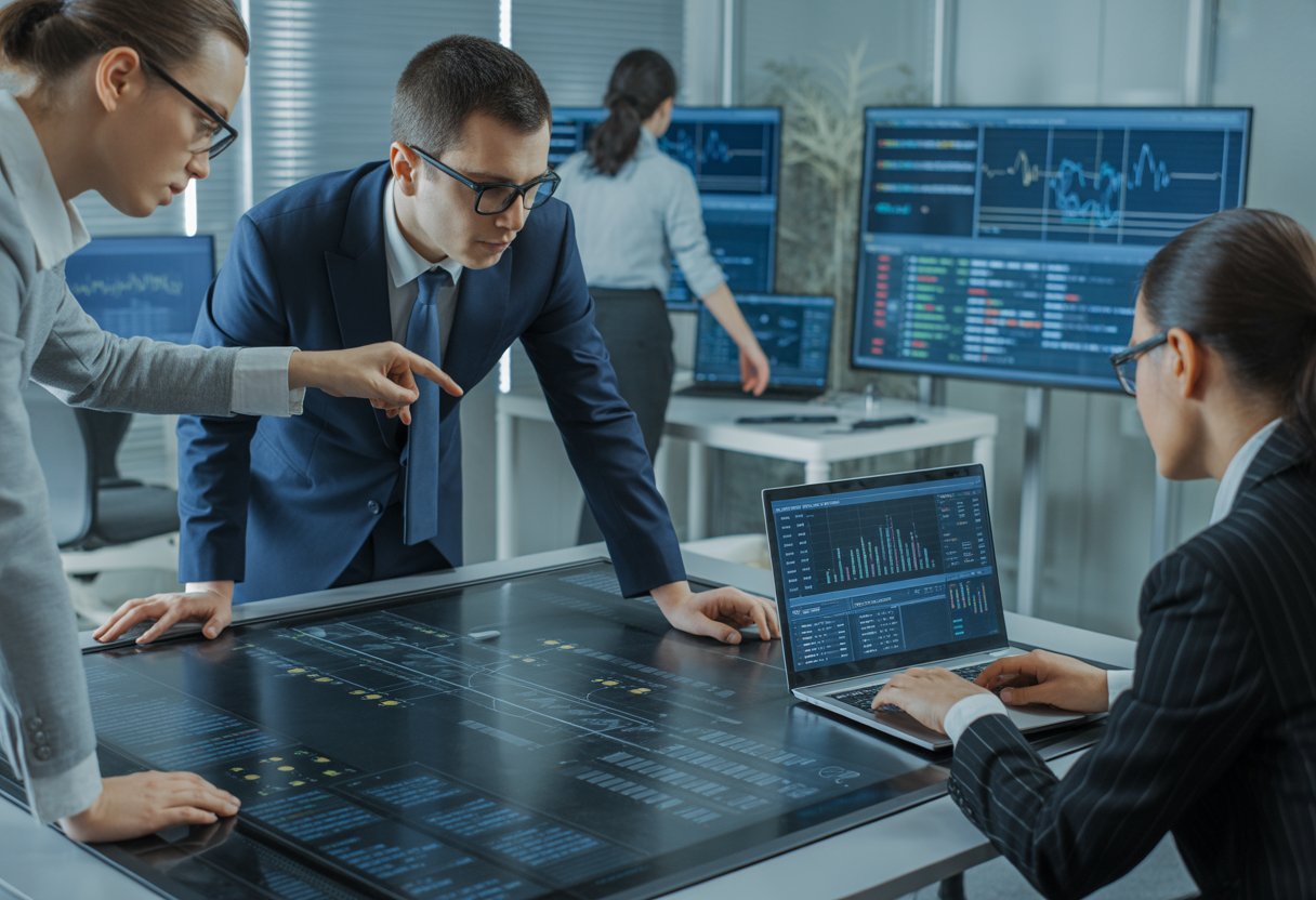 A team of IT professionals working together around a digital table with cybersecurity data and network diagrams in a modern office.