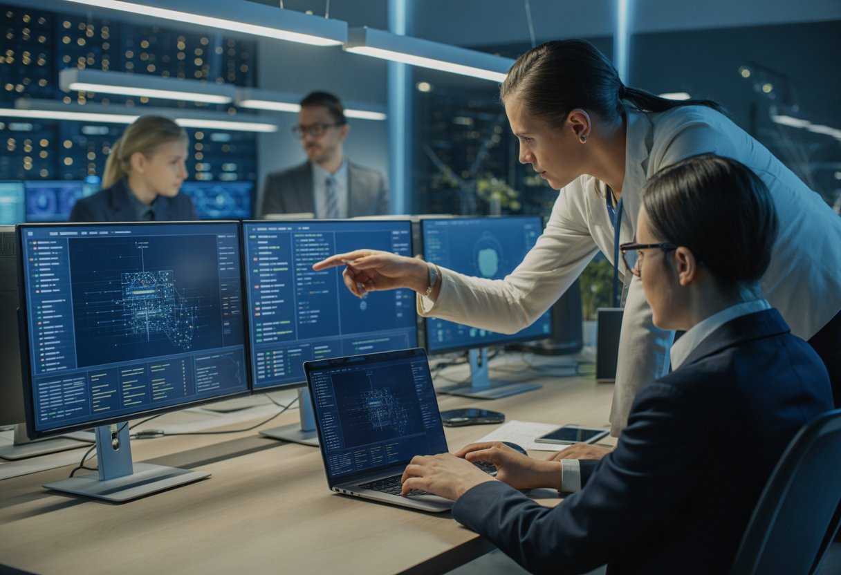 A team of IT professionals working together in an office with multiple computer screens displaying network security data and vulnerability maps.