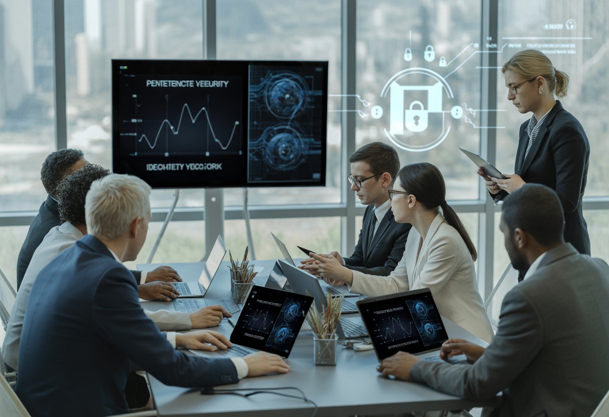 A group of cybersecurity professionals discussing penetration testing schedules around a table with laptops and digital charts in a modern office.