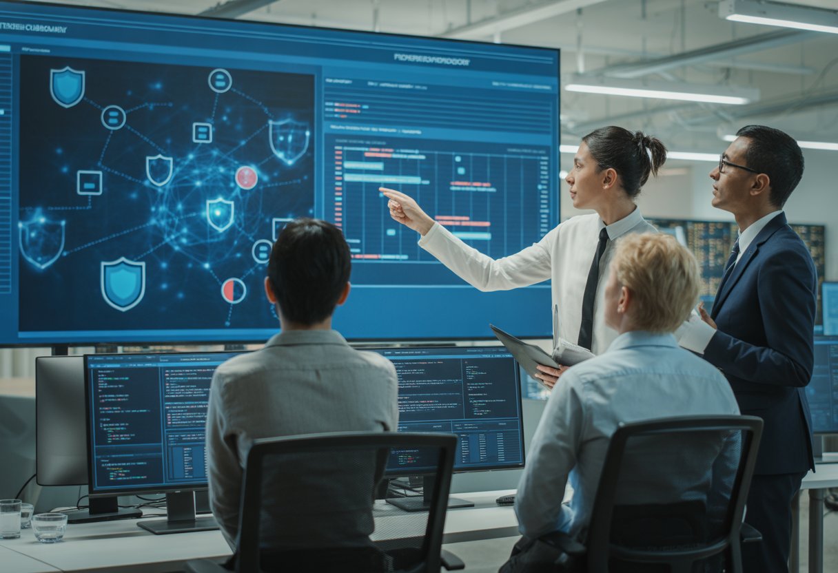 A group of IT professionals in an office discussing cybersecurity with digital screens showing network and security graphics.