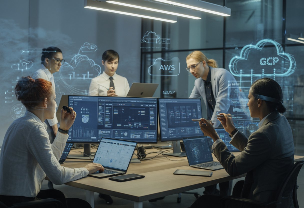 A team of cybersecurity professionals working together at a desk with multiple screens showing cloud infrastructure and security data.