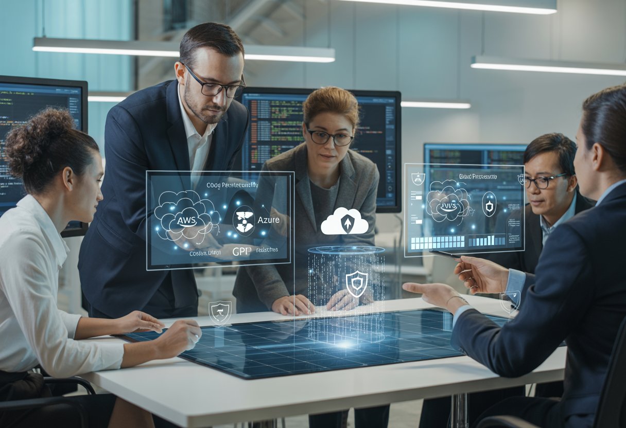 A group of cybersecurity professionals working together around a digital table displaying cloud infrastructure and security diagrams in a modern office.