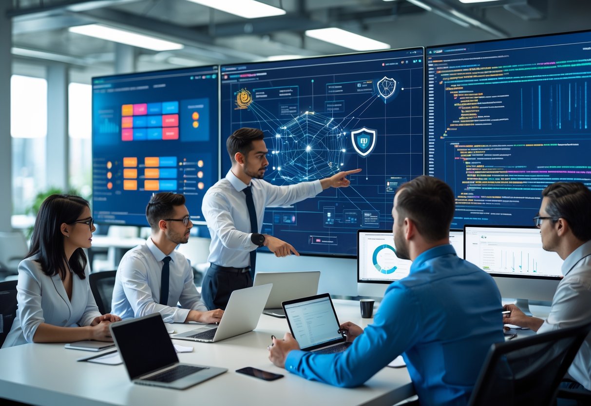 A group of cybersecurity professionals working together in an office, analysing network data and security visuals on multiple screens.