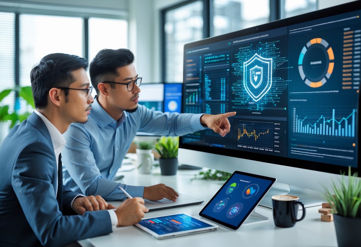 Two cybersecurity professionals discussing data on a computer screen in a modern office with multiple monitors displaying security information.