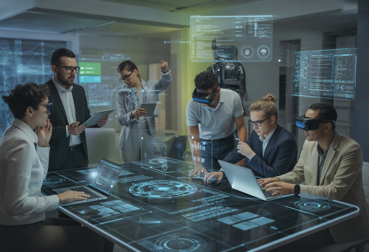 A group of cybersecurity professionals working together around a digital touchscreen table with holographic network diagrams and AI interfaces in a modern office.