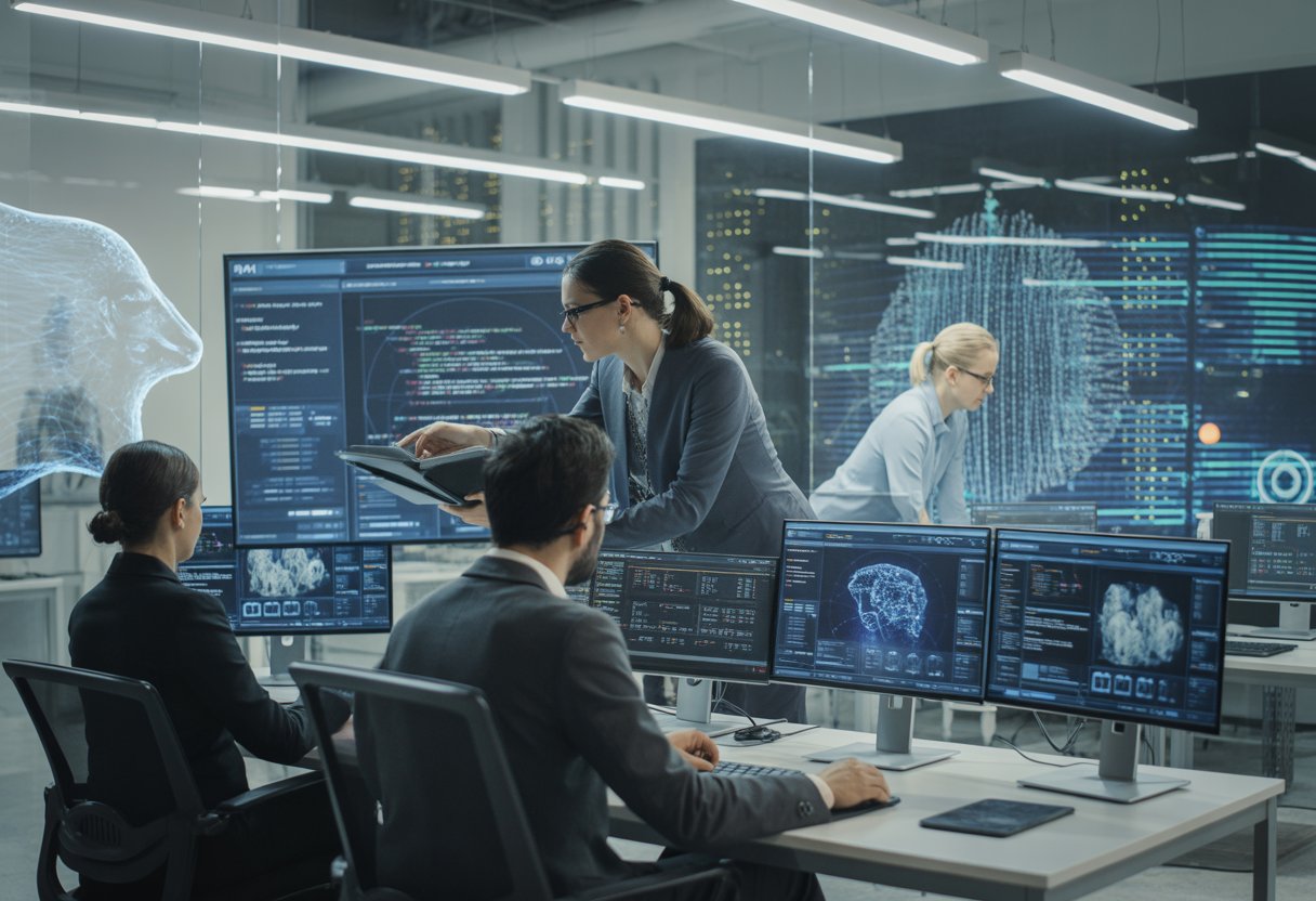 A group of cybersecurity professionals working together in a modern office with multiple computer screens showing code and digital data visualisations.