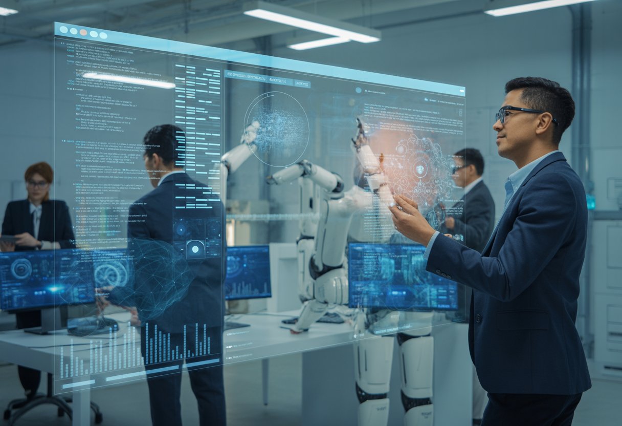 Cybersecurity professionals working together with futuristic digital screens showing automated security testing and AI-driven penetration testing in a modern office.